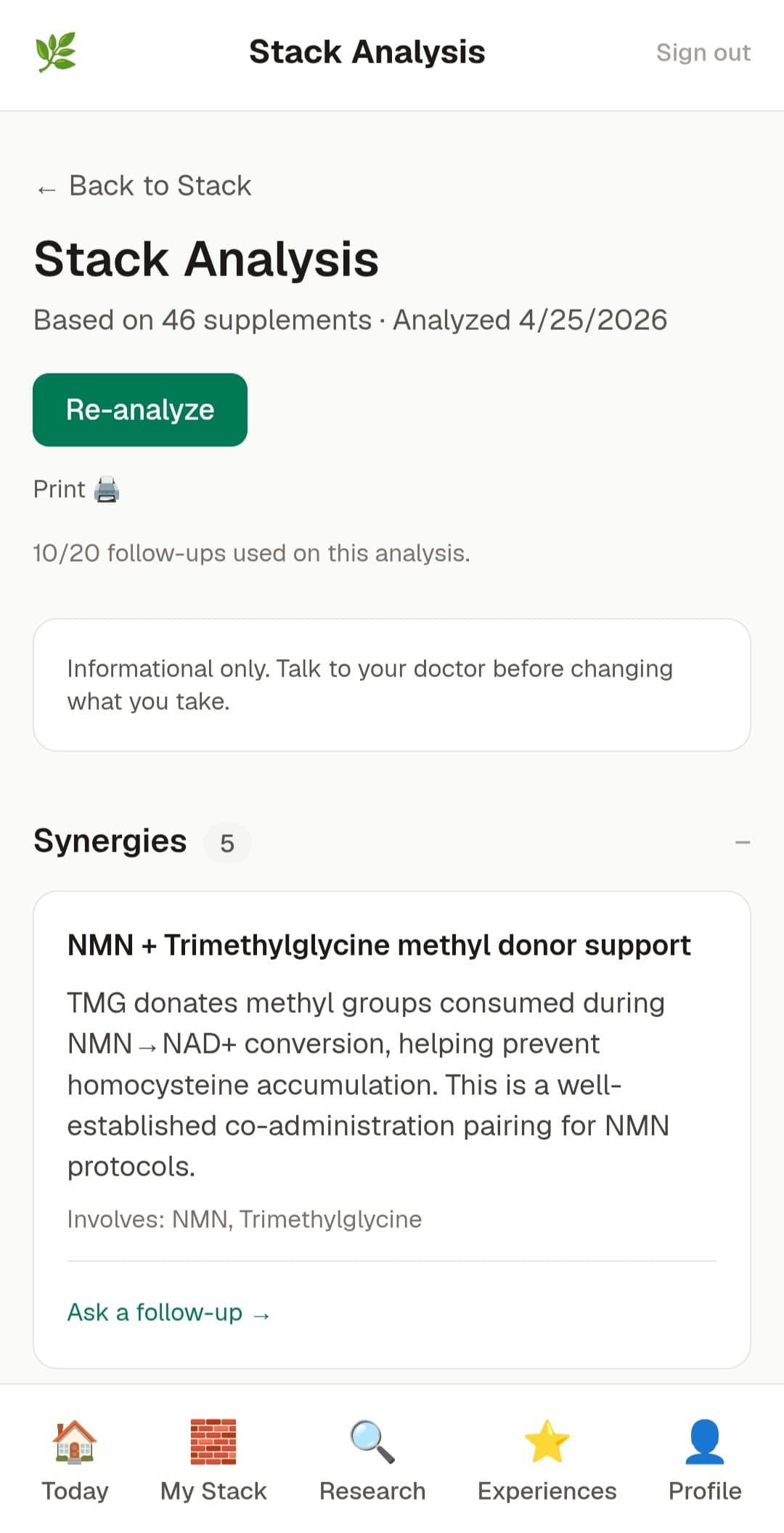Stack Ritual AI Stack Analysis screen reviewing a user's supplement stack for gaps and improvements